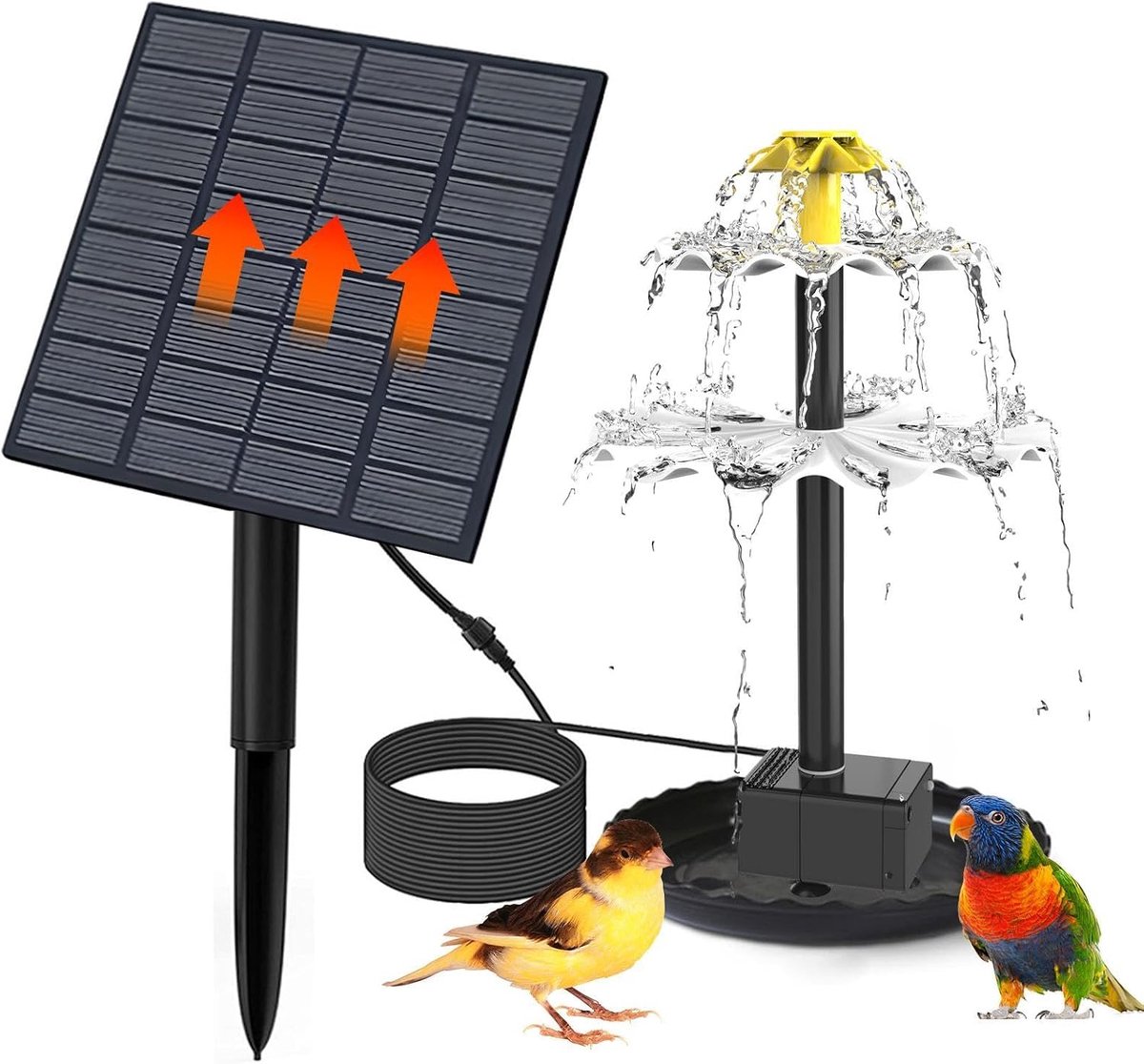 Zonne Vogelbad Fontein - Waterpomp Tuin - Vogels Lokken - Zonnebloem Design - 18x12x16.5 cm - Geel