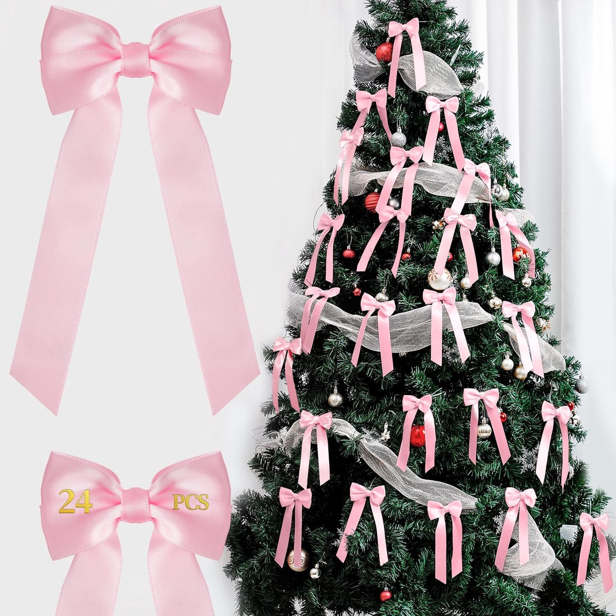 Dailygoods - 24 Stuks Roze Dubbelzijdige Kerststrikken voor Decoratie