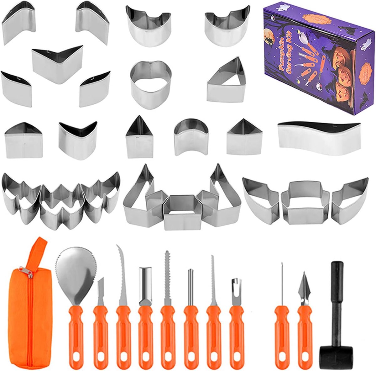Pompoen Snijset - Graveerset Lantaarn - Halloween Decoratie - 37 Delig - Diverse Maten - Zilver