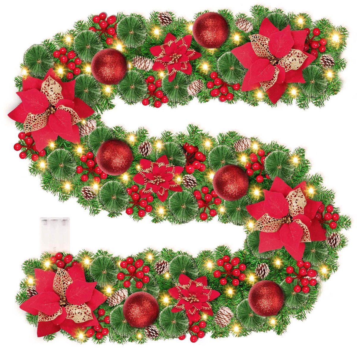 Dailygoods- Kerstslinger 9FT met 30 LED's - Kunstmatige Slinger - Decoratie met Bloemen/Kerstballen/Dennenappels - Energiezuinig - Flexibel voor DIY - Kerstdecoratie
