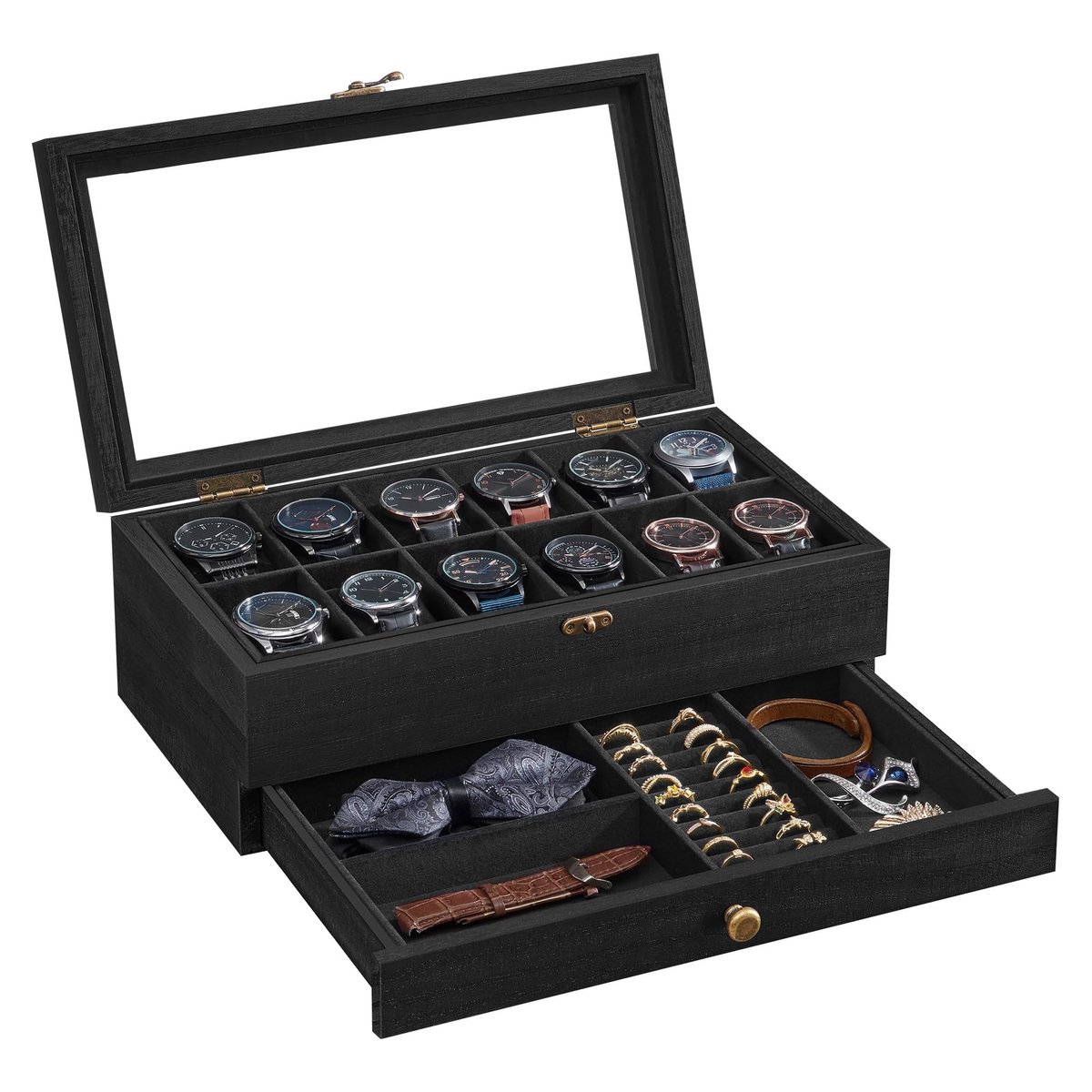 Dailygoods- Horlogedoos met 12 vakken - Houten Horlogebox - Sieradenopbergdoos - Glazen Deksel - Stijlvol en Rustiek - Hoogwaardige Materialen - Horlogeopbergdoos
