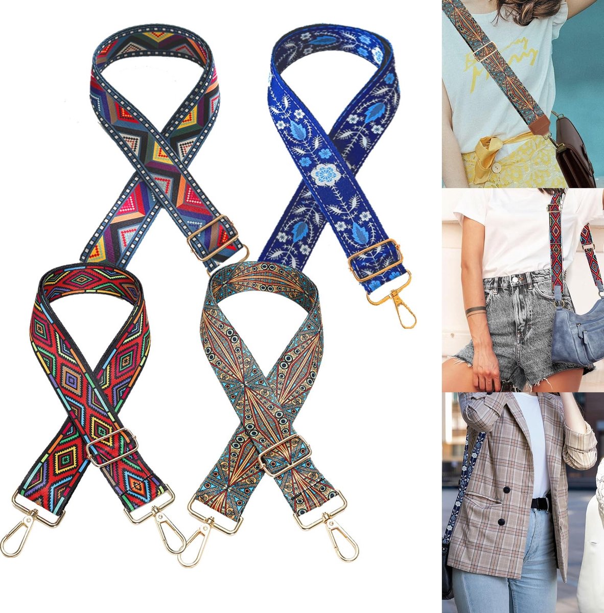 Dailygoods - Tasriemen, 4 Items DIY Brede Schouderriem Verstelbare Riem Handtasriem in Etnische Stijl, Vervanging van Handtasriem Geschikt voor Schoudertassen en Handtassen
