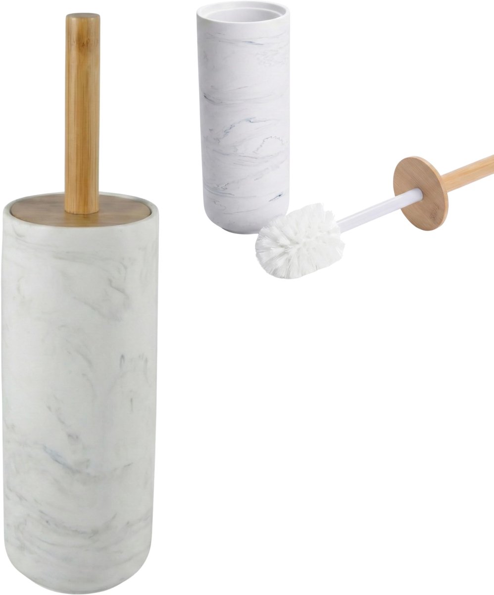 Dailygoods- Toiletborstel Luxe Design - Polyresin Marmerlook - Bamboe Handvat - Vervangbare Borstelkop - Zware Basis - Hygiëne Accessoire - Badkameraccessoire