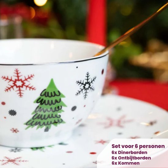 Witte kom met kerstboom en sneeuwvlokken. Tekst in paars: 'Set voor 6 personen 6x Dinerborden 6x Ontbijtborden 6x kommen'.