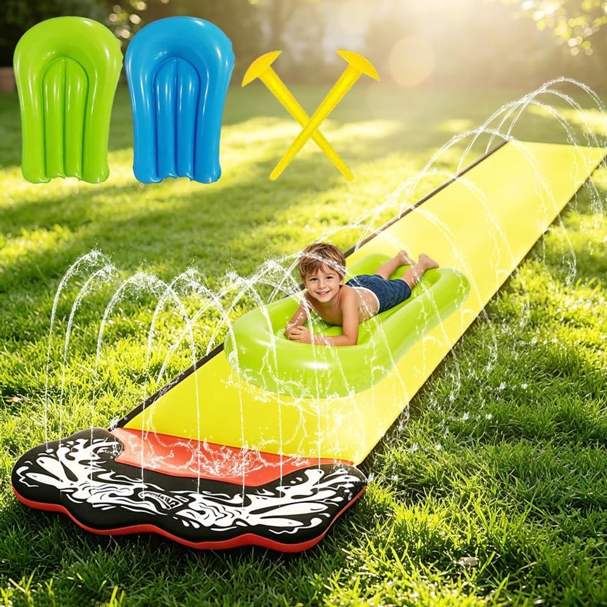 Dailygoods- Waterglijbaan 480 x 70 cm - Enkele Waterglijbaan - Waterglijmat met 2 Antislipmatten - Geïntegreerd Sprinklersysteem - Perfect voor Waterspelletjes - Geschikt voor Kinderen en Volwassenen - Glijbaan