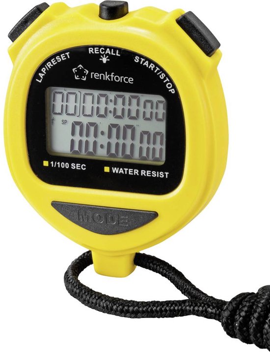 Chronometre jaune avec cordon noir. Le chronometre a un ecran numerique affichant le temps et le texte '1/100 SEC' et 'WATER RESIST'.