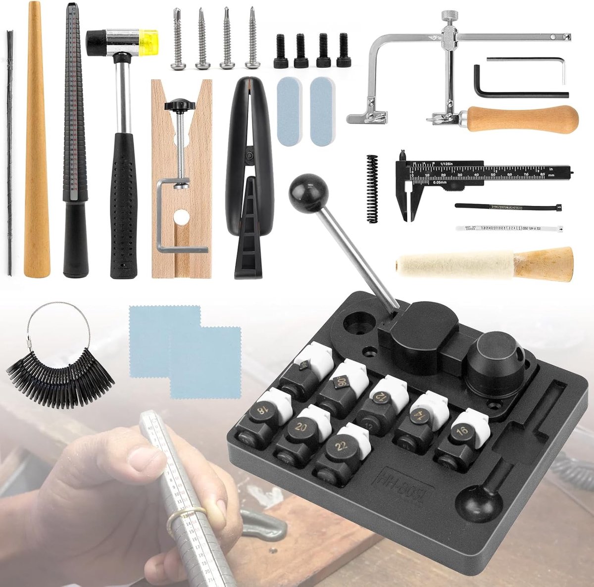 Buiggereedschapset voor sieraden maken - Ringbuigmachine set met 27 delen incl. matrijzen, doorns, hamer, klem en polijstgereedschap