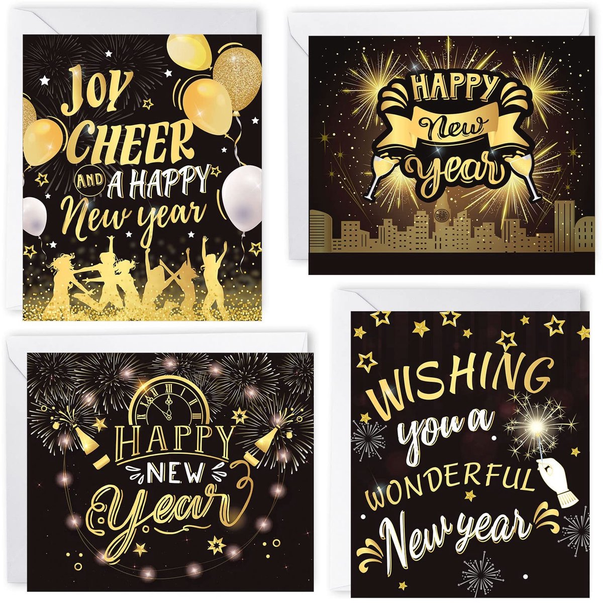 Dailygoods- Nieuwjaarskaarten Set 24 Stuks - Zwart/Goud - Wenskaarten met Enveloppen - Verschillende Designs - 12x10 cm - Gelukkige Nieuwjaarswensen