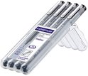 Set de quatre stylos noirs Staedtler pigment liner avec clips argentés, dans un étui transparent.