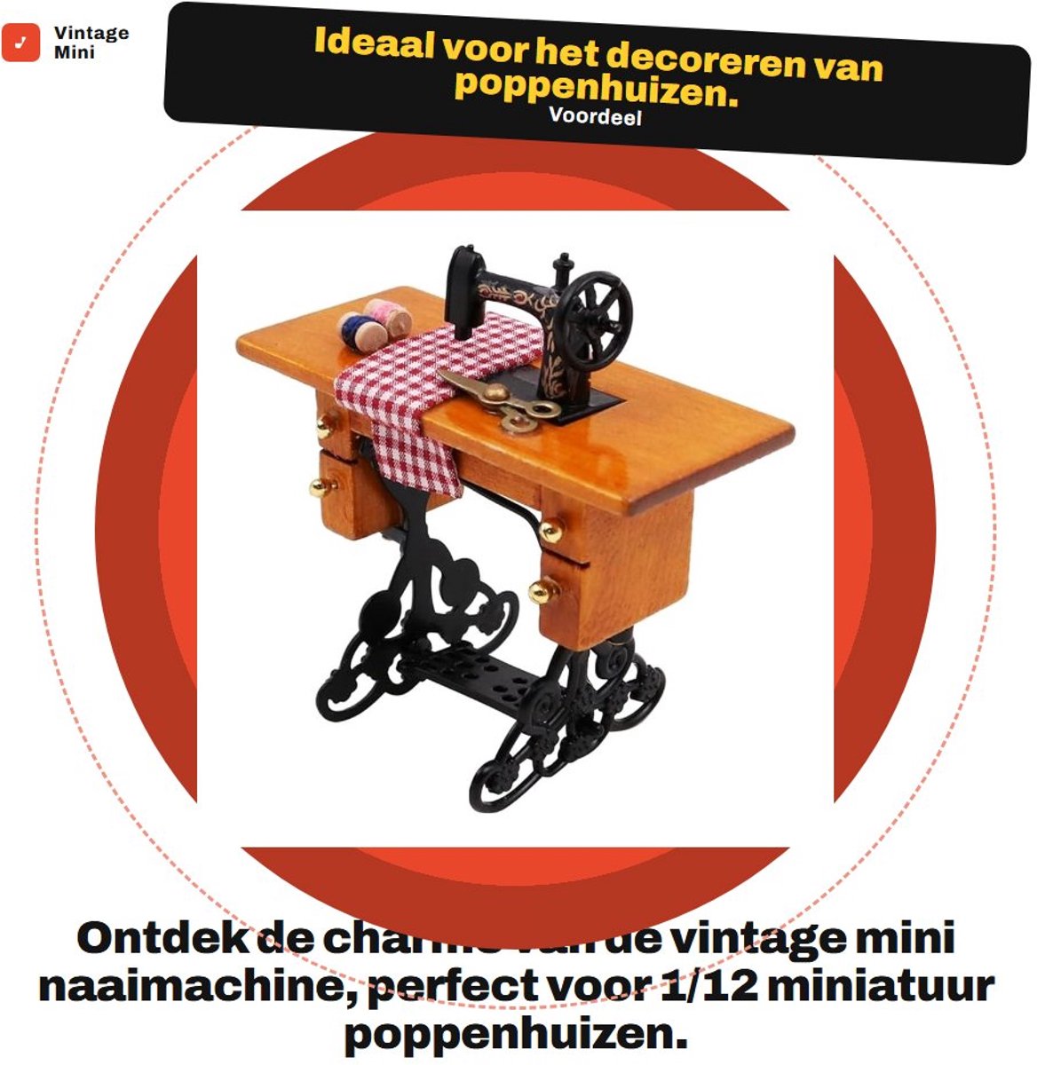 Dailygoods- Naaimachine Vintage Mini - Houten Poppenhuis Accessoire - 1/12 Miniatuur - Decoratie - Handgemaakt - 80 x 44 x 80 mm - Poppenhuismeubel