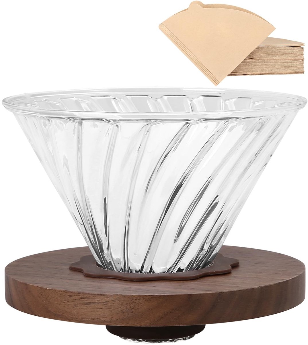Dailygoods- Koffiedruppelaar met Walnoothandvat - Borosilicaatglas - 100 Stuks Papierfilter - Veilig en Smaakloos - Voor 1-4 Kopjes - Hoge Temperatuur Weerstand - Koffiezetapparaat