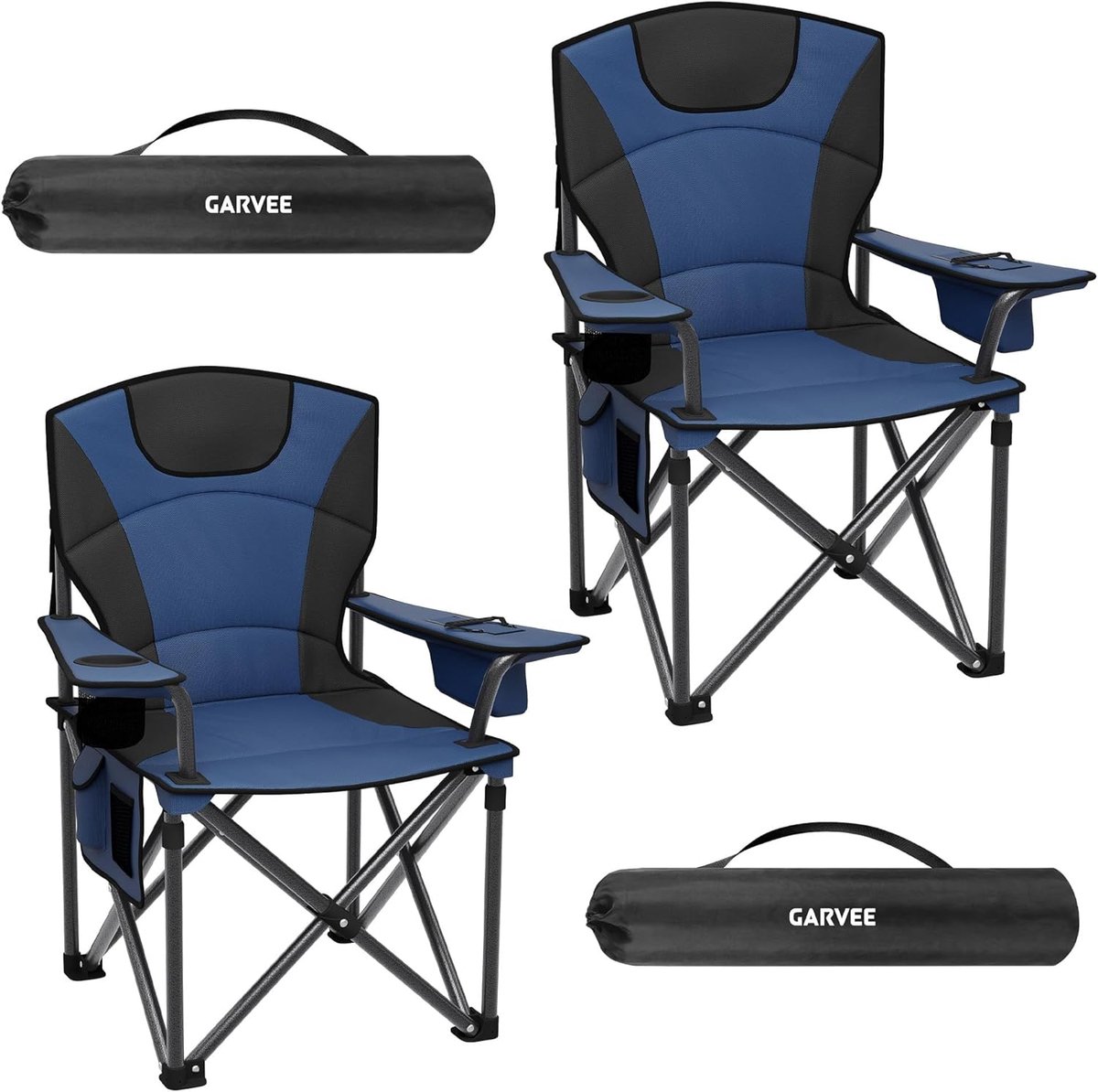 Triumpunpre Set van 2 opvouwbare kampeerstoelen voor volwassenen – robuuste kampeerstoelen voor 400 Ibs met koeltas, bekerhouder en zijvak – draagbare, lichtgewicht stoel voor buiten – voor kamperen, strand, vissen, picknick – marineblauw