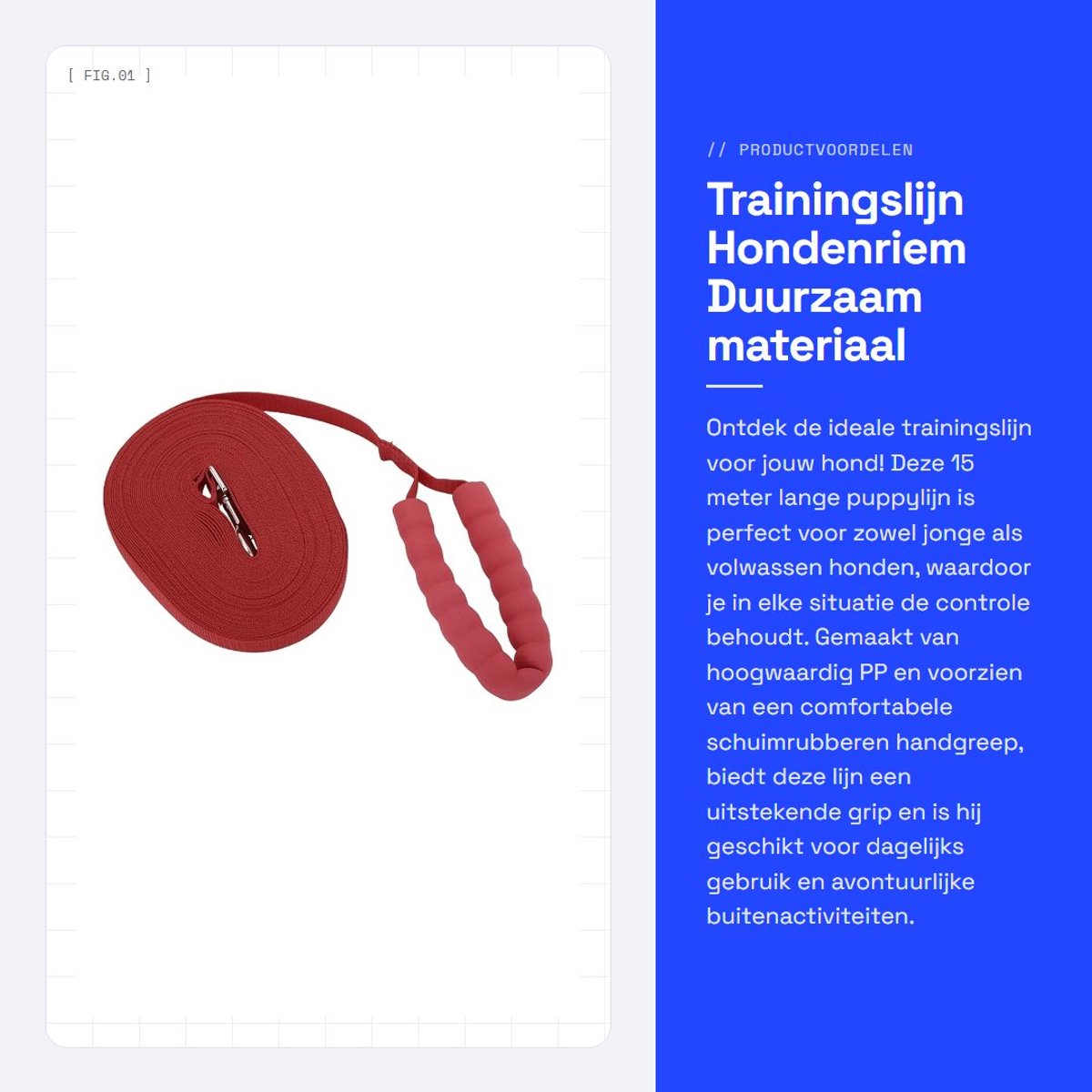 Dailygoods- Trainingslijn 15 m - Hondenriem - Schuimrubberen Handgreep - Duurzaam - Veiligheidsvergrendeling - Geschikt voor Alle Hondenmaten