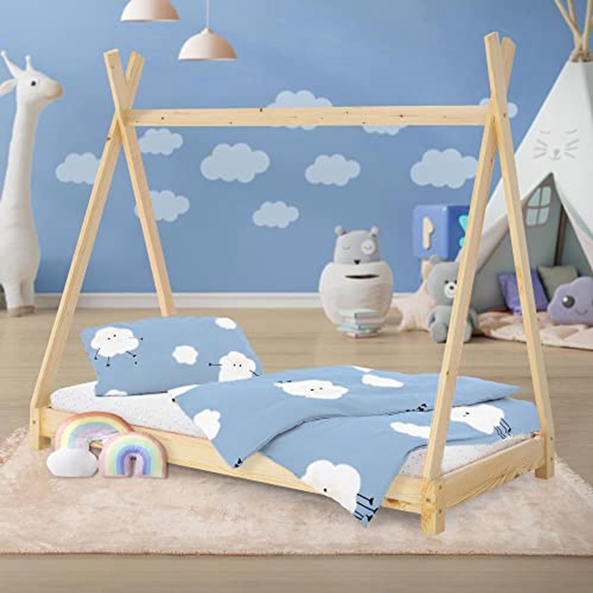Kinderbed Tipi - Huisbed Junior - Spelen en slapen - Massief houten frame - 80 x 160 cm - Natuurlijk