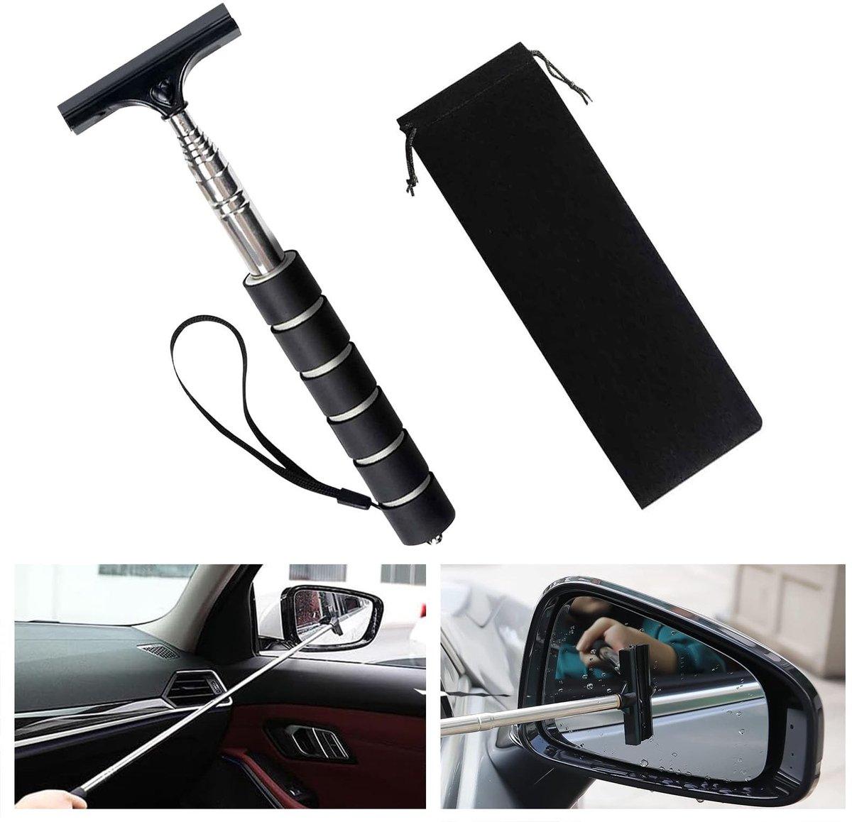 Dailygoods- Ruitenwisser Compact - Telescopische Spiegelwisser - Draagbare Raamtrekker - Inclusief Opbergtas - Hoogwaardig Rubber/Roestvrij Staal - Ideaal voor Auto Accessoires