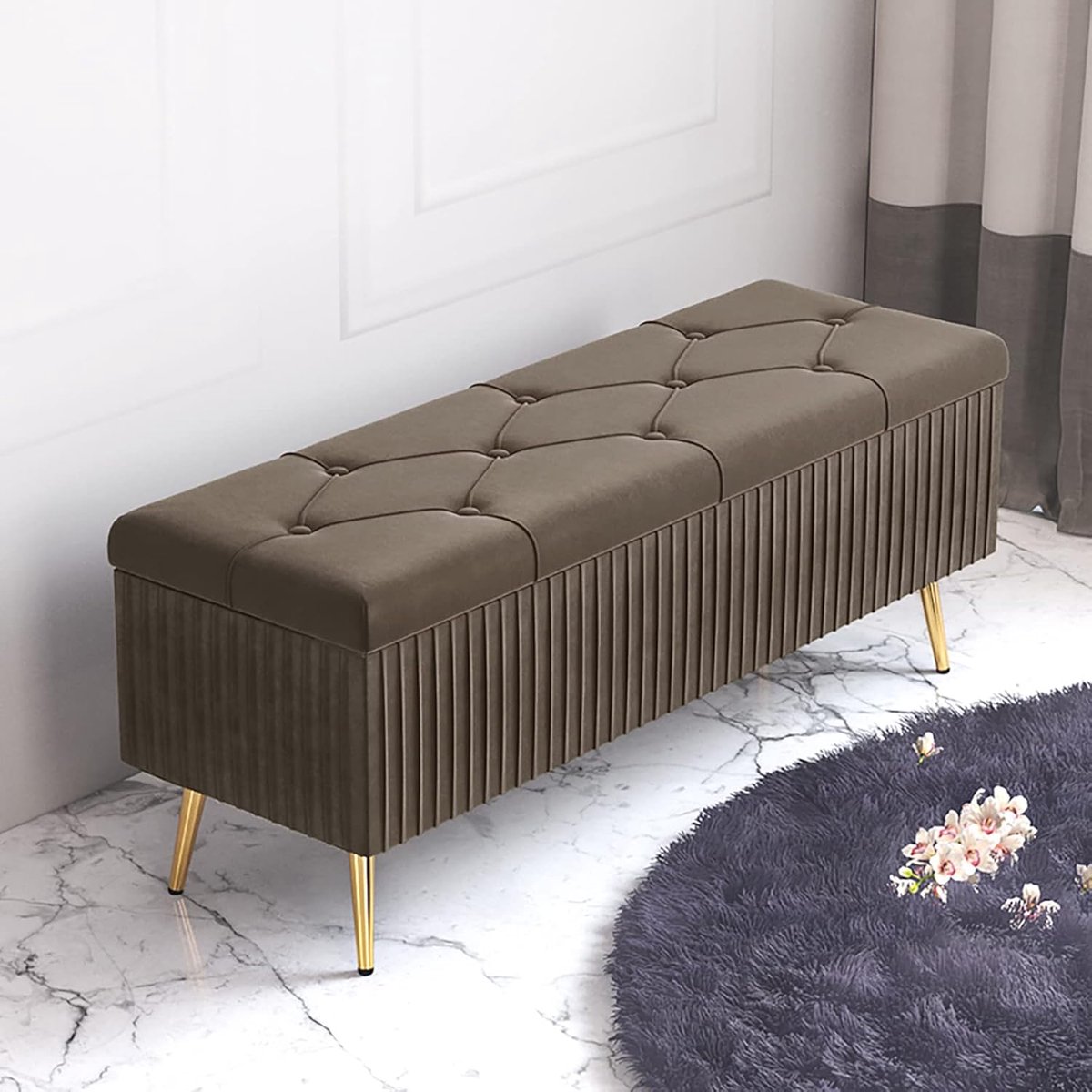Opbergbank Ottomaans - Gestoffeerde kruk - Ruimte Organiseren - Met knoopdetails - 90x40x45cm - Bruin