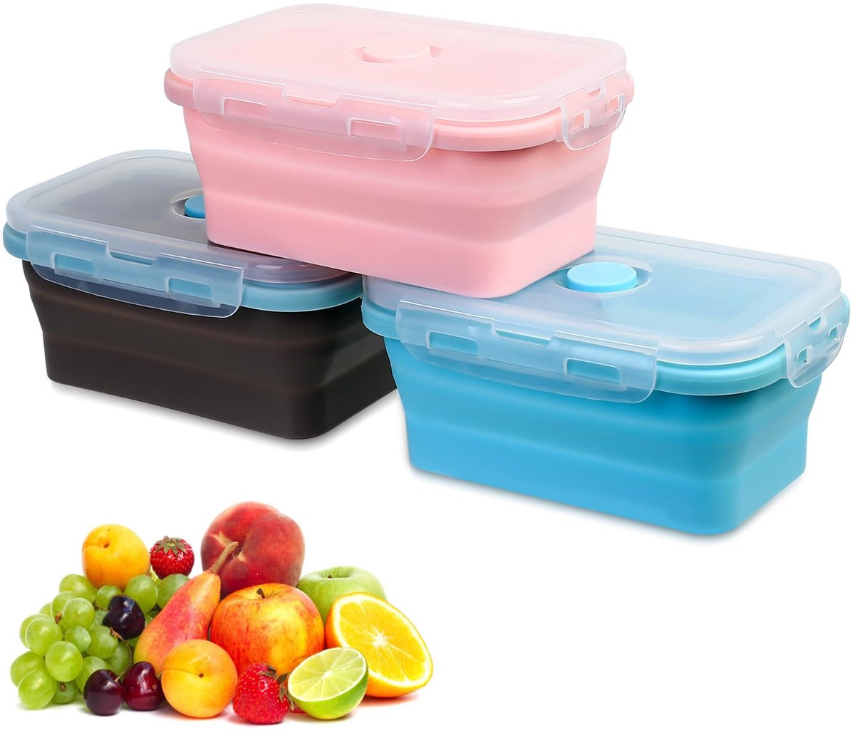 Dailygoods- Voedselopslagcontainers 3 stuks - Opvouwbaar - Siliconen - Herbruikbaar - Snackcontainers met deksel - Magnetron/koelkast/vriezer veilig - Snackdozen