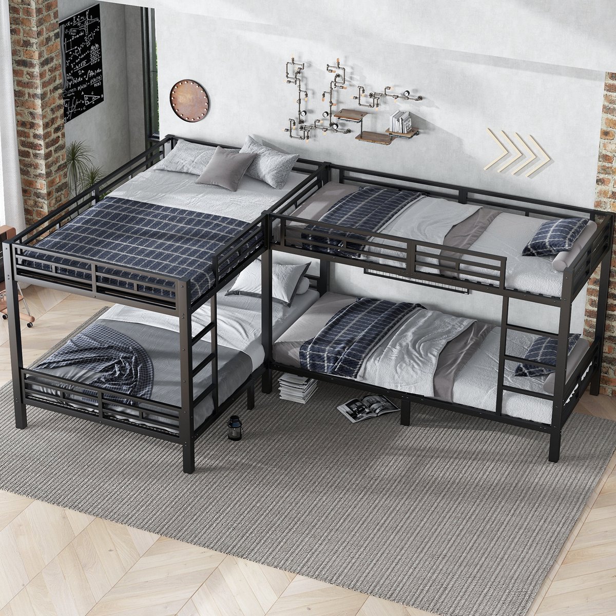 MEUNIQ stapelbed 90x200 en 140x200 cm met driestaps ladder en metalen lattenbodem, zwart metalen bedframe voor kinderkamer of logeerkamer