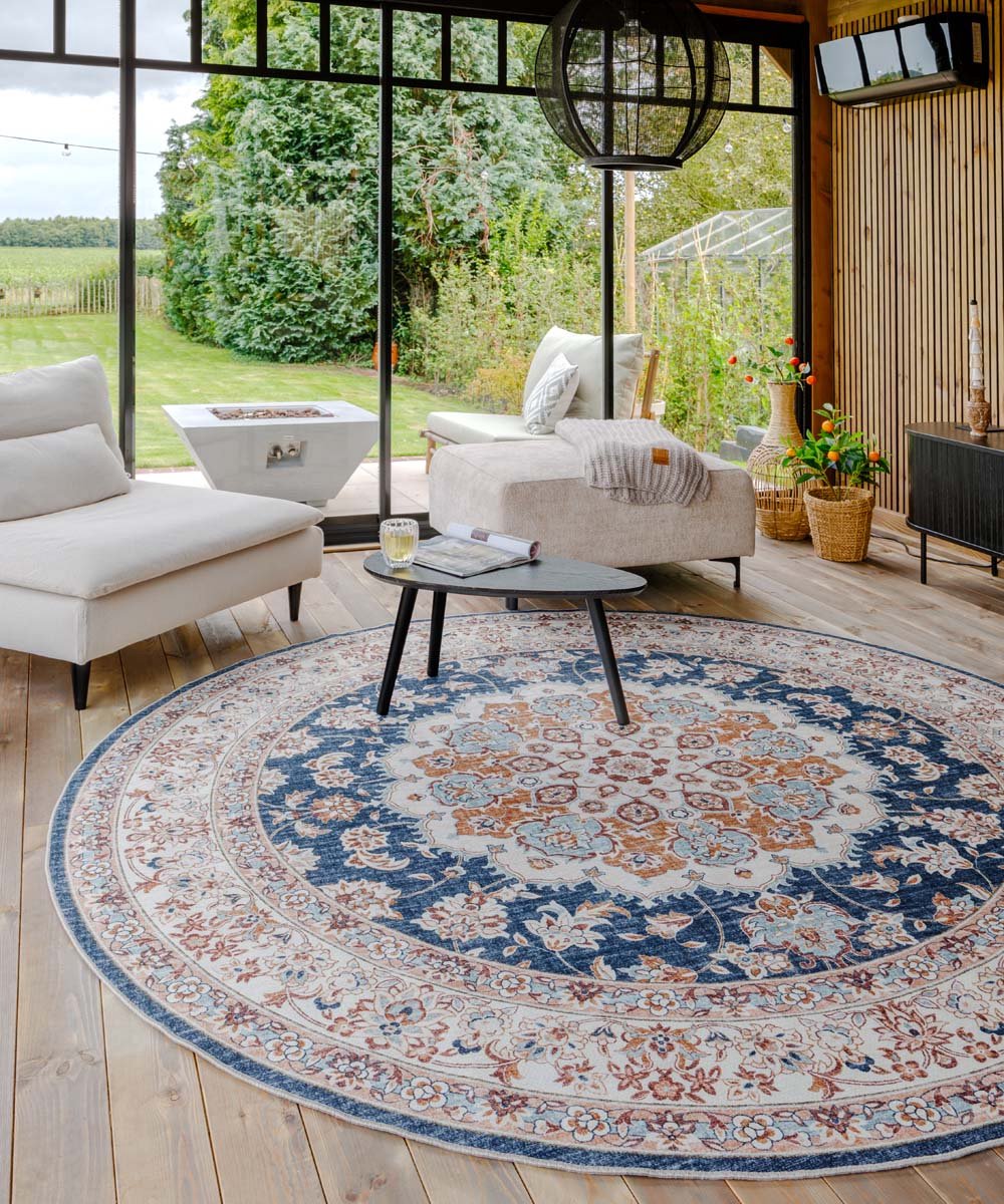 Rond Vintage buitenkleed - Valenca Nova goud/blauw 230 cm