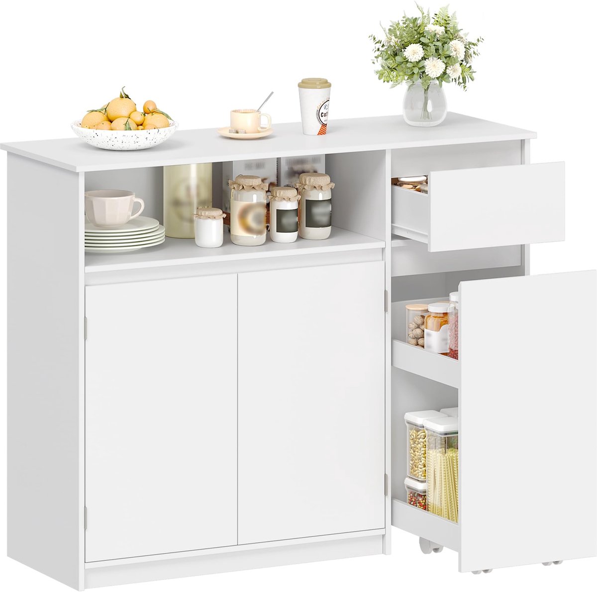 Dailygoods- Dressoir met Trolleyfunctie - Opbergkast - Verstelbare Planken - Wit - 35 x 100 x 80 cm - Spaanplaat - Opbergmeubel