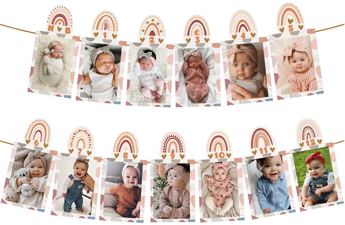 Dailygoods- Fotoslinger met verlichting - Fotodraad - Fotoslinger met knijpers - 13 mijlpaalkaarten - Decoratie voor jongens/meisjes - Boho-chique ontwerp - Fotobanner