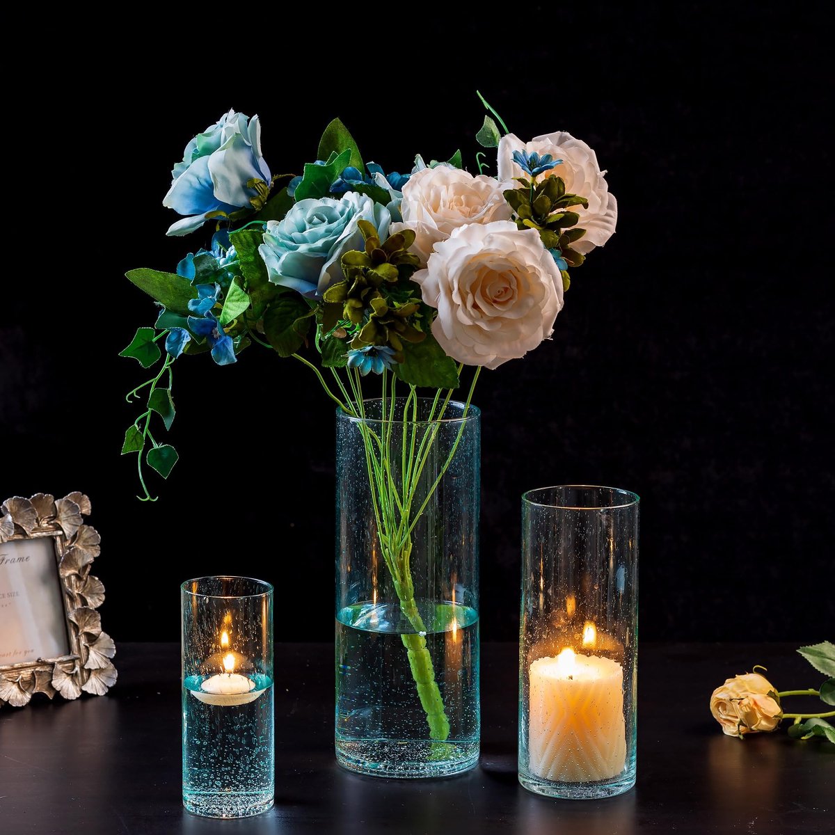 Dailygoods- Kandelaarhouder Glazen Cilindervaas - 3 Stuks - Zuil-/Drijfkaarsen - Tafelcenterpiece - Blauwe Kandelaarhouder - Bubbels Design - Kaarsenhouder