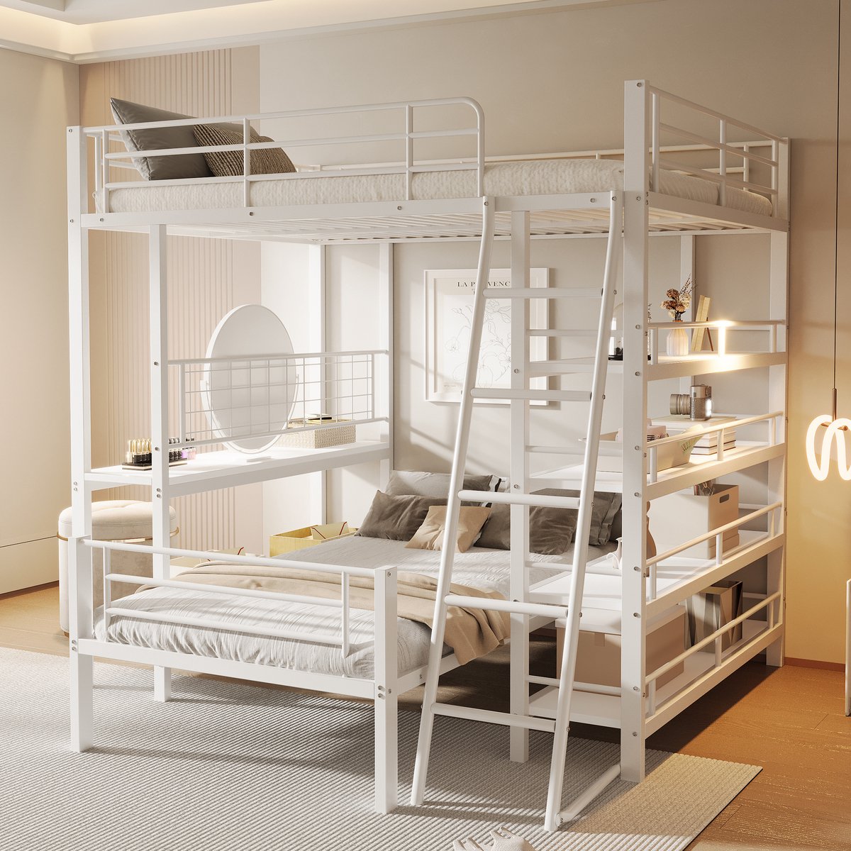 MEUNIQ stapelbed 140x200 en 90x200 met metalen frame, ladder, opbergrekken en lattenbodems, afscheidbaar in twee bedden voor slaapkamer, wit