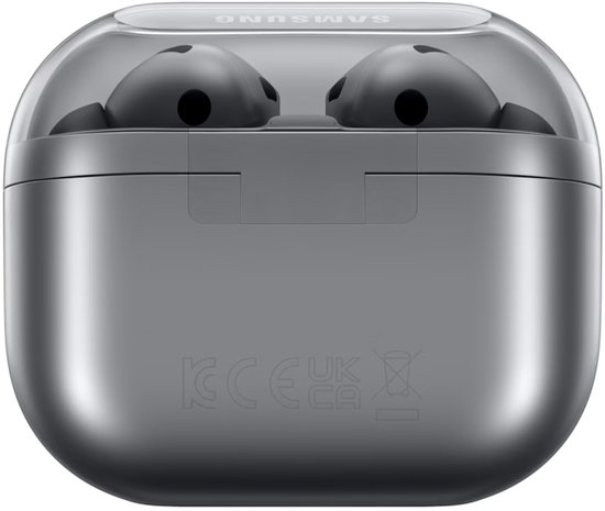 Grijze Samsung Galaxy Buds3 Pro in gesloten oplaadcase met transparant deksel.