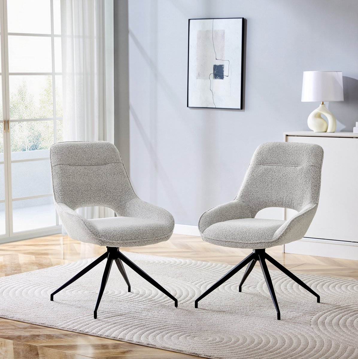 MEUNIQ 2-delige draaibare eetkamerstoel met armleuningen, warmgrijze stof, zwart metalen onderstel, 87 cm hoog, voor eetkamer en modern interieur Black