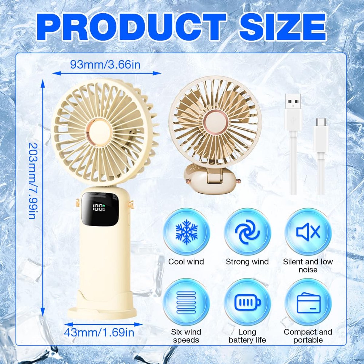 SnelShoppen - Draagbare Ventilator - Oplaadbare Mini Ventilator met 6 Snelheden, USB-kabel en koord - Reisventilator voor Kinderen en Volwassenen - Be