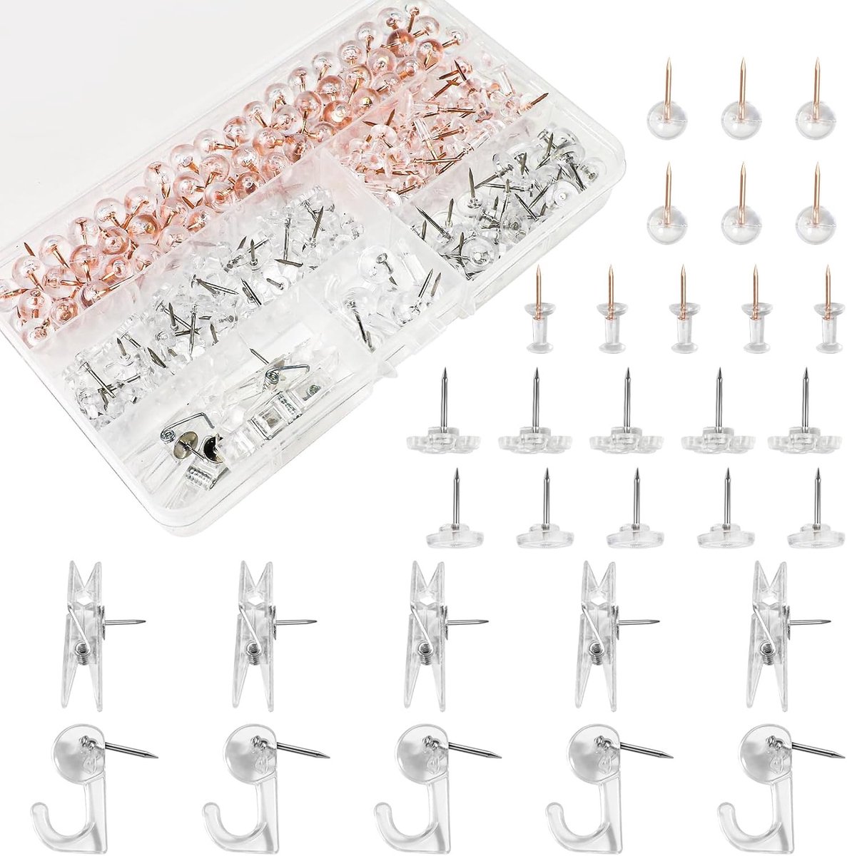 210 Stuks Transparante Pin Nadels in Plastic Doos - Diverse Soorten Pins voor Bulletinborden, Kurkborden en Creatieve Projecten