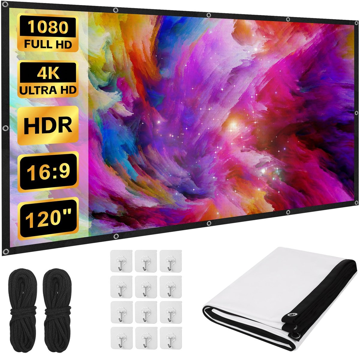 SnelShoppen - Huiguli Projectiescherm 300 cm 16:9 HD 4K Opvouwbaar Filmscherm Draagbaar Wasbaar Wit voor Thuisbioscoop, Camping, School en Vergadering