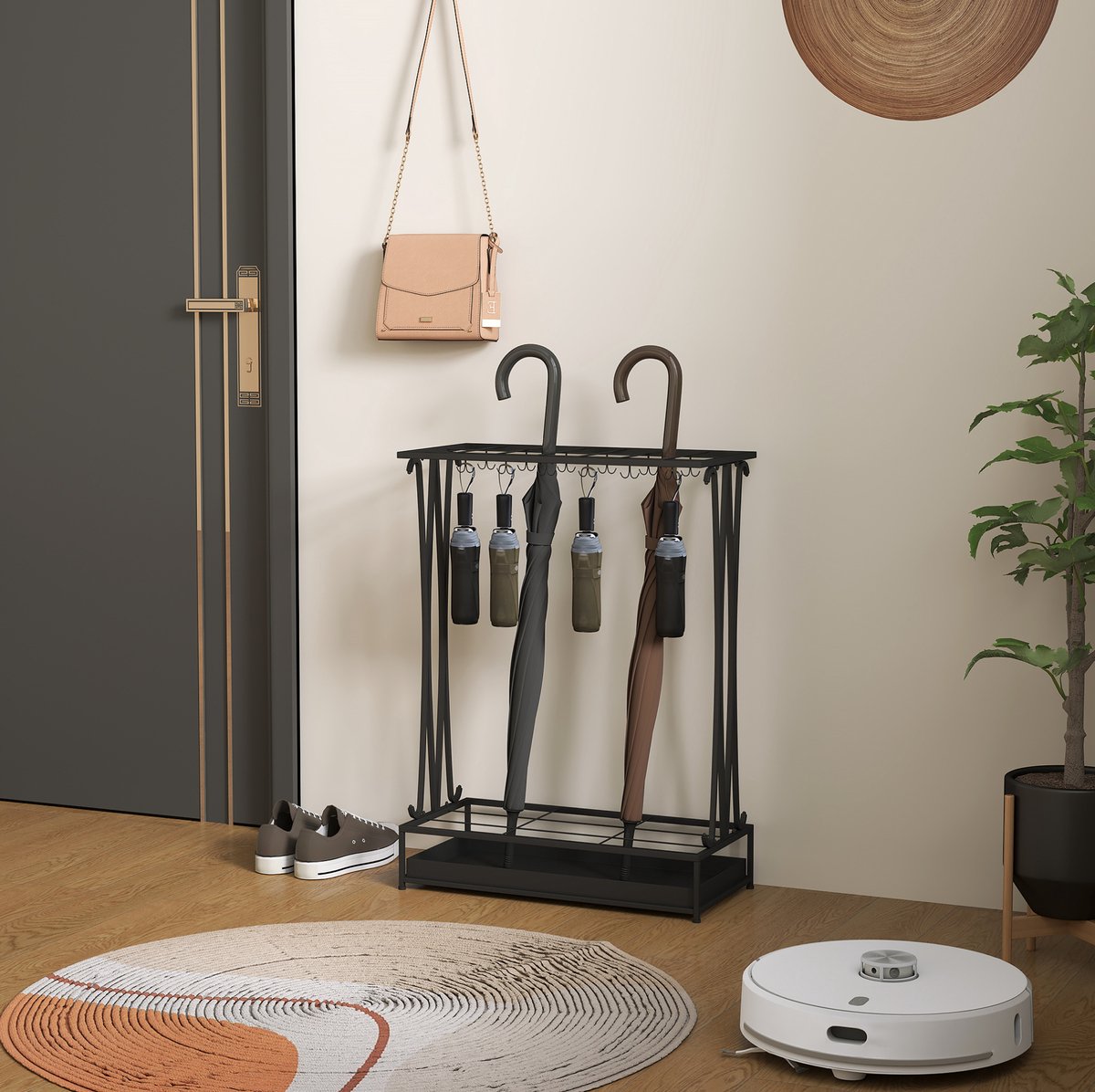 HAUSS SPOLE Paraplubak – 50 X 24 X 68 Cm – 21 Gaten En 24 Haken – Staal – Zwart – Met Uitneembare Wateropvangschaal Voor Hal