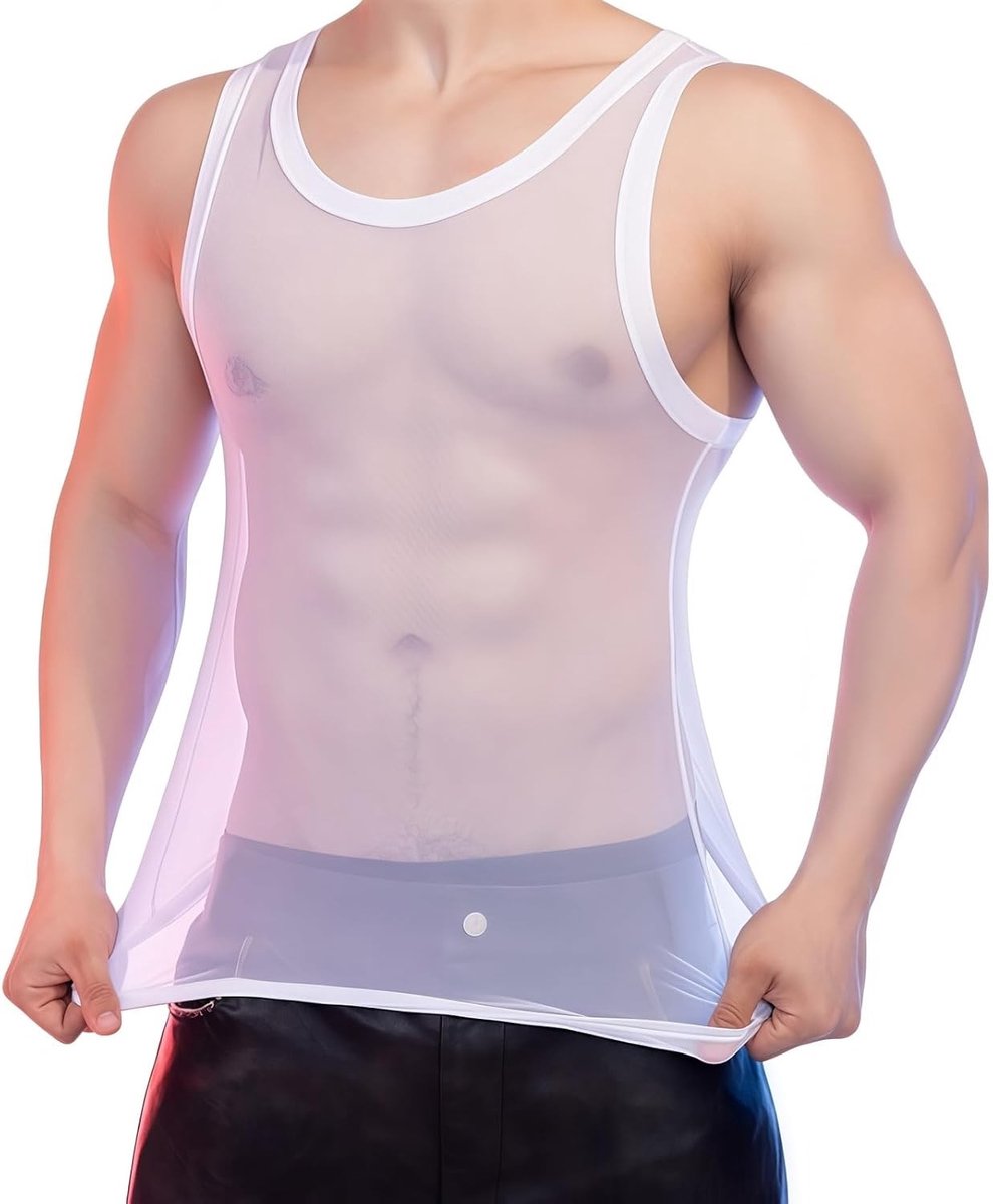 Transparante Mesh Fitness Top voor Mannen - Mouwloos, Sexy Crew Neck, Perfect voor Feestjes en Festivals