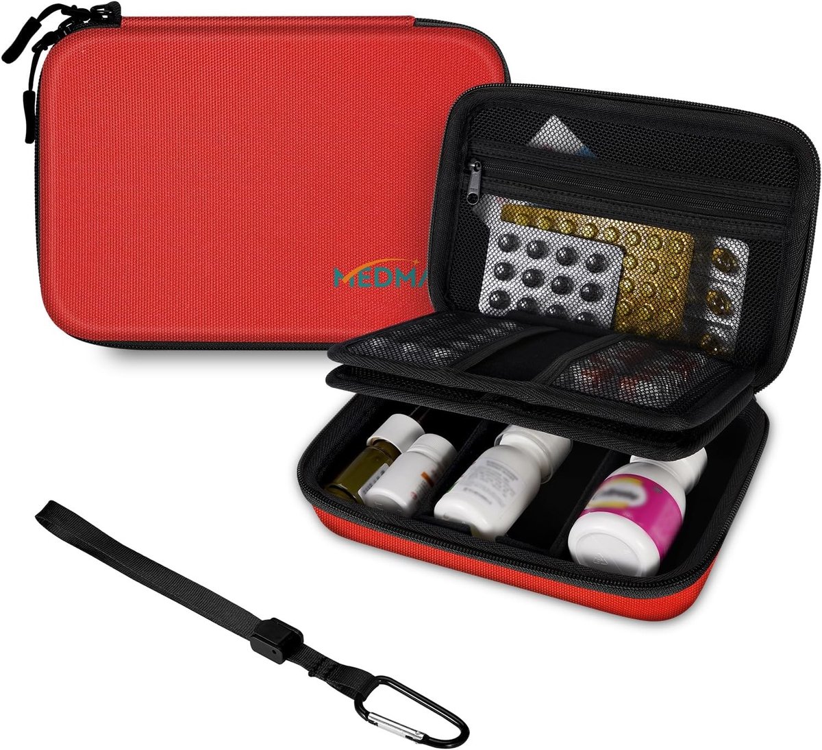 Draagbare pillenorganiser voor medicijnen, vitamines en visolie - Schokbestendige tas voor reizen, groot en praktisch, rood
