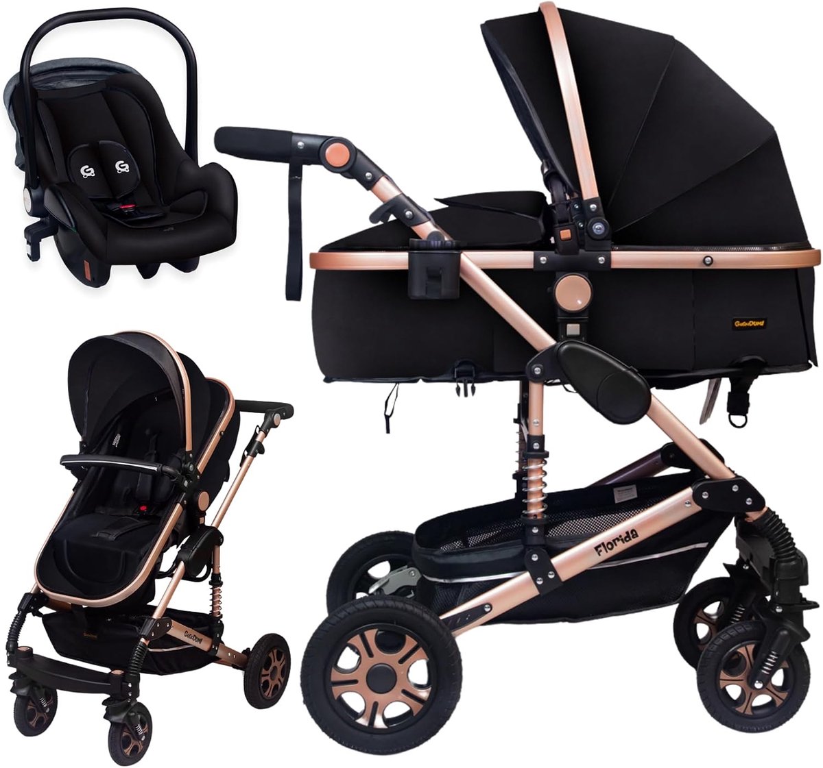 SnelShoppen - 3-in-1 Kinderwagen Set - Combi Kinderwagen met Autostoel en Wiegen - TÜV Goedkeuring - Onderhoudsvrije Rubber Banden - Zwart/Goud - Comp