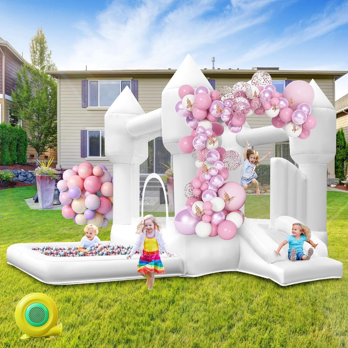 SnelShoppen - Bouncy Castle Wit met Glijbaan, Springkasteel en Ballenbad voor Kinderen 3-8 Jaar, Tuin/Feest/Wedding, Verjaardagscadeau