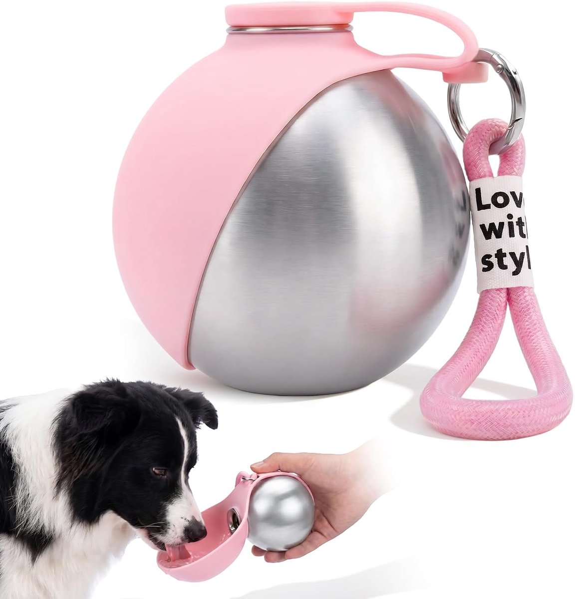 SnelShoppen - Dog Drinking Bottle voor Reizen 285 ml RVS Lekvrij Drinkfles voor Honden met Opvouwbare Siliconen Drinkkom, Draagbare Waterfles voor Hon
