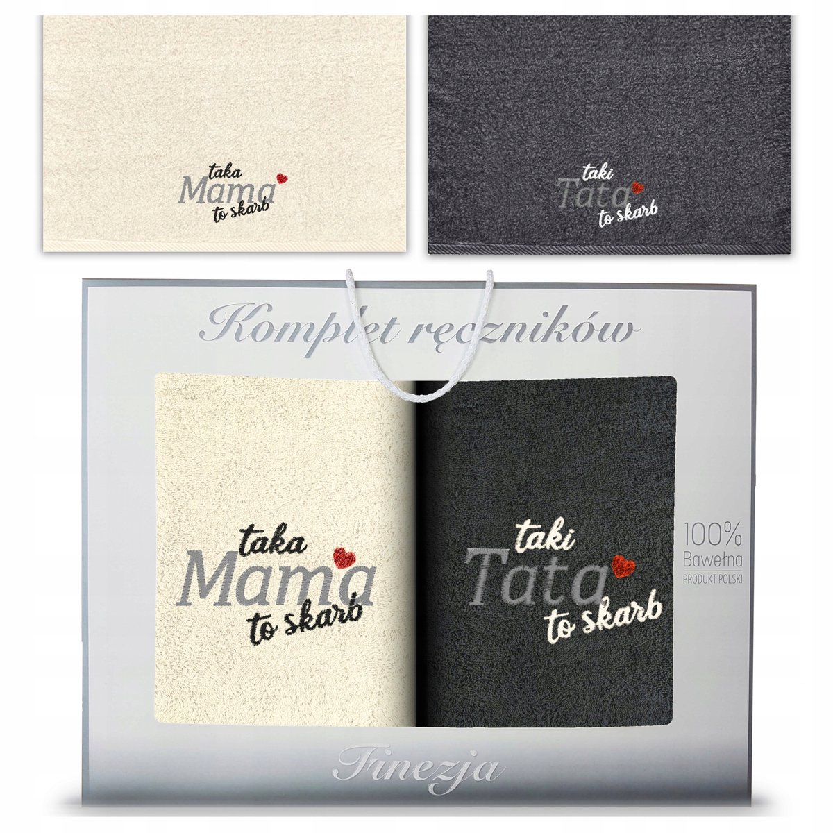 KONEY - Handdoekenset 2-delig - 70 x 140 cm - Grafiet, Ecru - met borduring Mama & Papa - in geschenkdoos