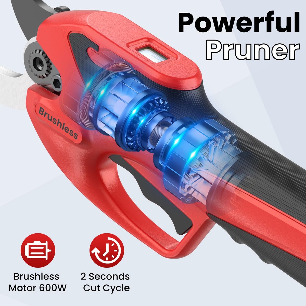 SnelShoppen - Accu-snoeischaren 23-25 mm met 600 W borstelloze motor, 2x2000 mAh-batterijen, LED-display en USB-C-opladen voor tuin, bloemen, fruitbom