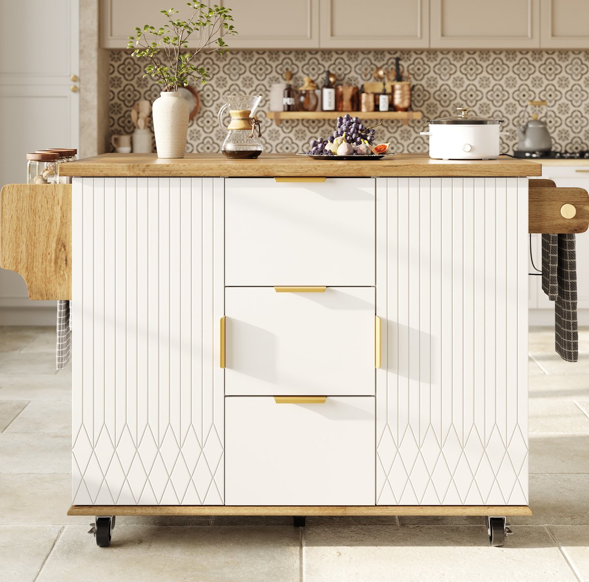 DESMIU Keukenkast - Mobiele Keukenwagen Met Uitklapbaar Werkblad En Stroomaansluiting - Op Rollen - MDF En Metaal - Wit - 134x74x88 Cm