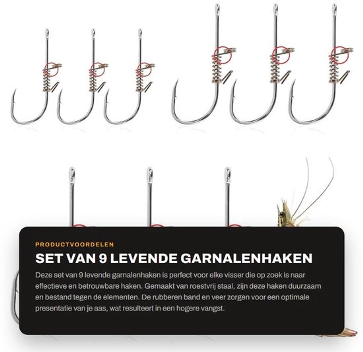 Garnalenhaken 9 Stuks - Levende Garnalenhaken - Roestvrij Staal - Rubberband - Veer - 3 Maten (4,7x1,9cm, 4,3x1,6cm, 4,1x1,4cm) - Vishaken