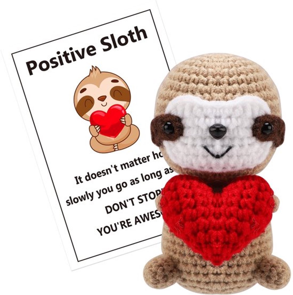 Luiaard met Rood Hart - Schattig Gehaakt Dier - Positieve Kaart - Emotionele Steunpop - Cadeau voor Vrienden - 10x6x6cm - Knuffel