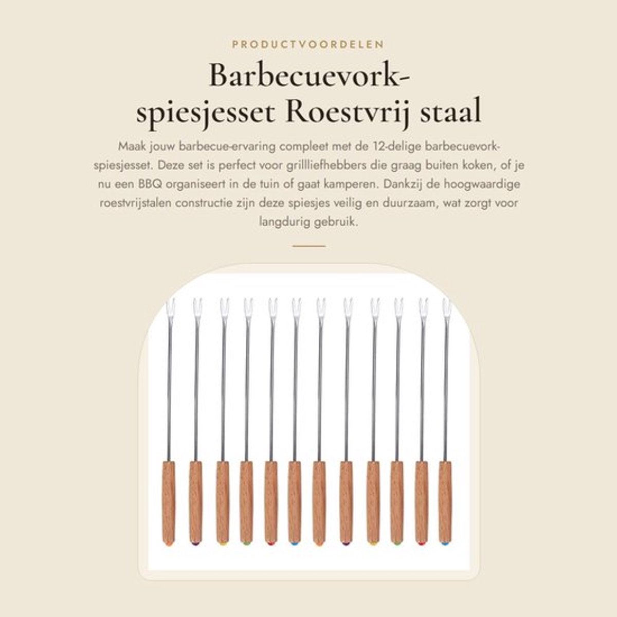 Barbecuevork 12-delig - Roestvrij Staal - Houten Handvat - Draagbare Spiesjes - Kebabspiesjes - Ideaal voor Buitengrillen