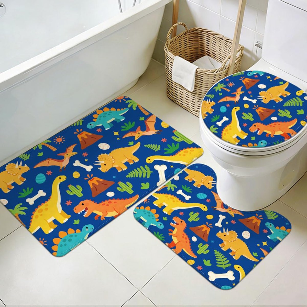 SnelShoppen - 3-delige wasbare badkamertapijten set met cartoon dinosaurus en kokosboom, zachte antislip badmatten voor badkamer, toilet & keuken deco