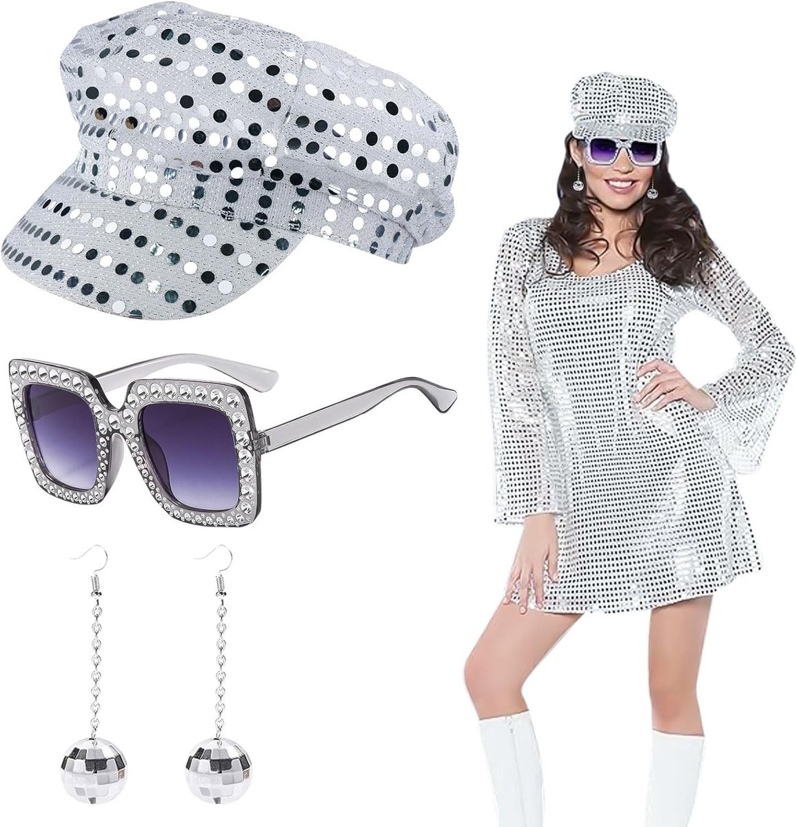 Disco Hoed voor Volwassenen - 3-delige Set met Glitter, Sequin Hoed en Retro Zonnebril voor Feestjes en 70s Kostuums