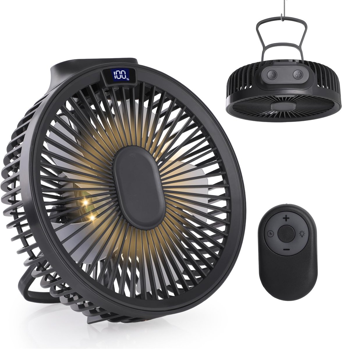 SnelShoppen - USB Ventilator met Afstandsbediening, 4000 mAh Mini Bureauventilator, Stil, 4 Snelheden, Timer, Hangende Campingventilator, Externe Batt