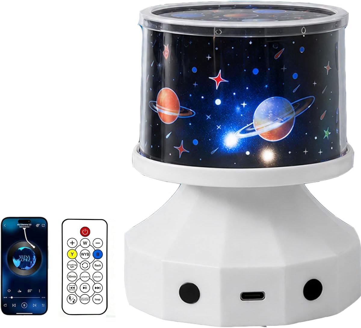 Oplaadbaar Nachtlamp Projector - 360° Draaibaar met Bluetooth Speaker - 23 Patronen & Draadloze Afstandsbediening - voor Slaapkamer, Kinderkamer, Feest, Kerst - 1 Stuk