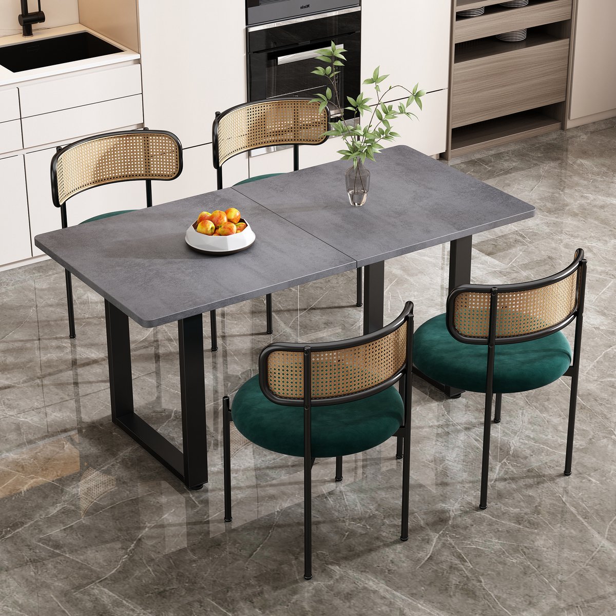 Fluwelen eetkamerstoel, set van 4, moderne, eenvoudige relaxstoel met vier metalen steunpoten, rotan relaxstoel, stoel voor woonkamer en slaapkamer, Groen