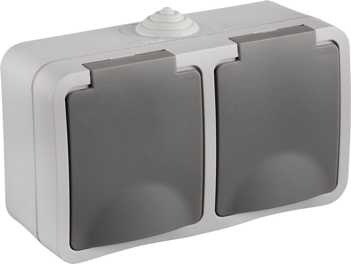 Opbouw Stopcontact Dubbel Horizontaal Randaarde IP54 Grijs | Per Stuk